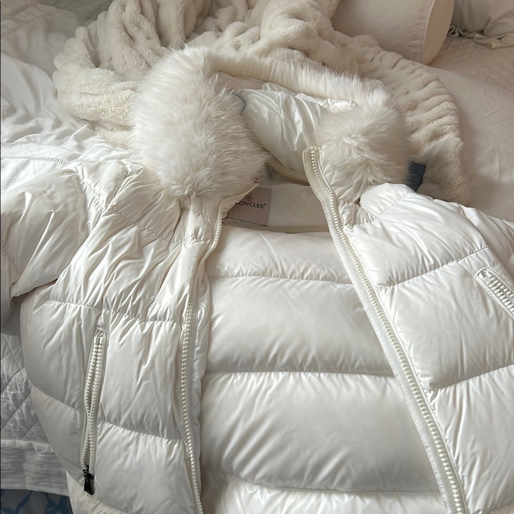 White Quilted Puffer Coat with Plush Collar
